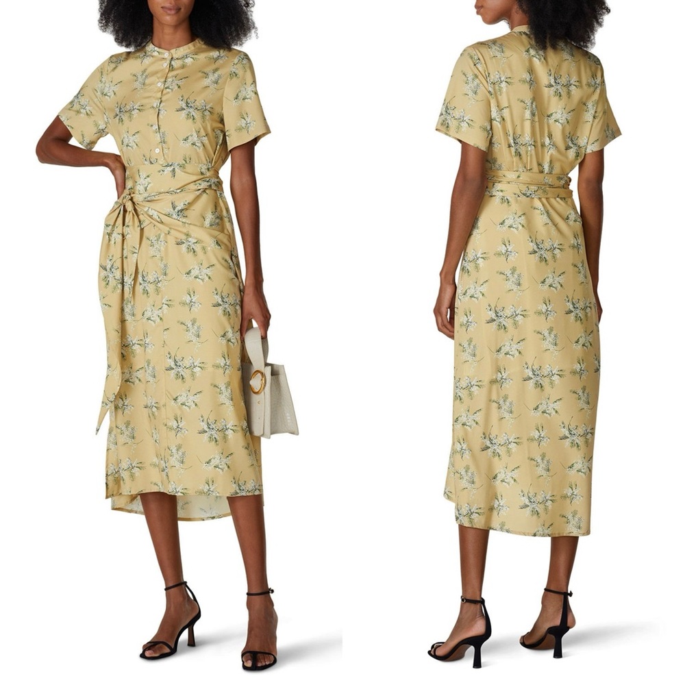 CAARA Floral Crepe De Chine Short Sleeve Button Front Wrap Waist Midi Dress S‎